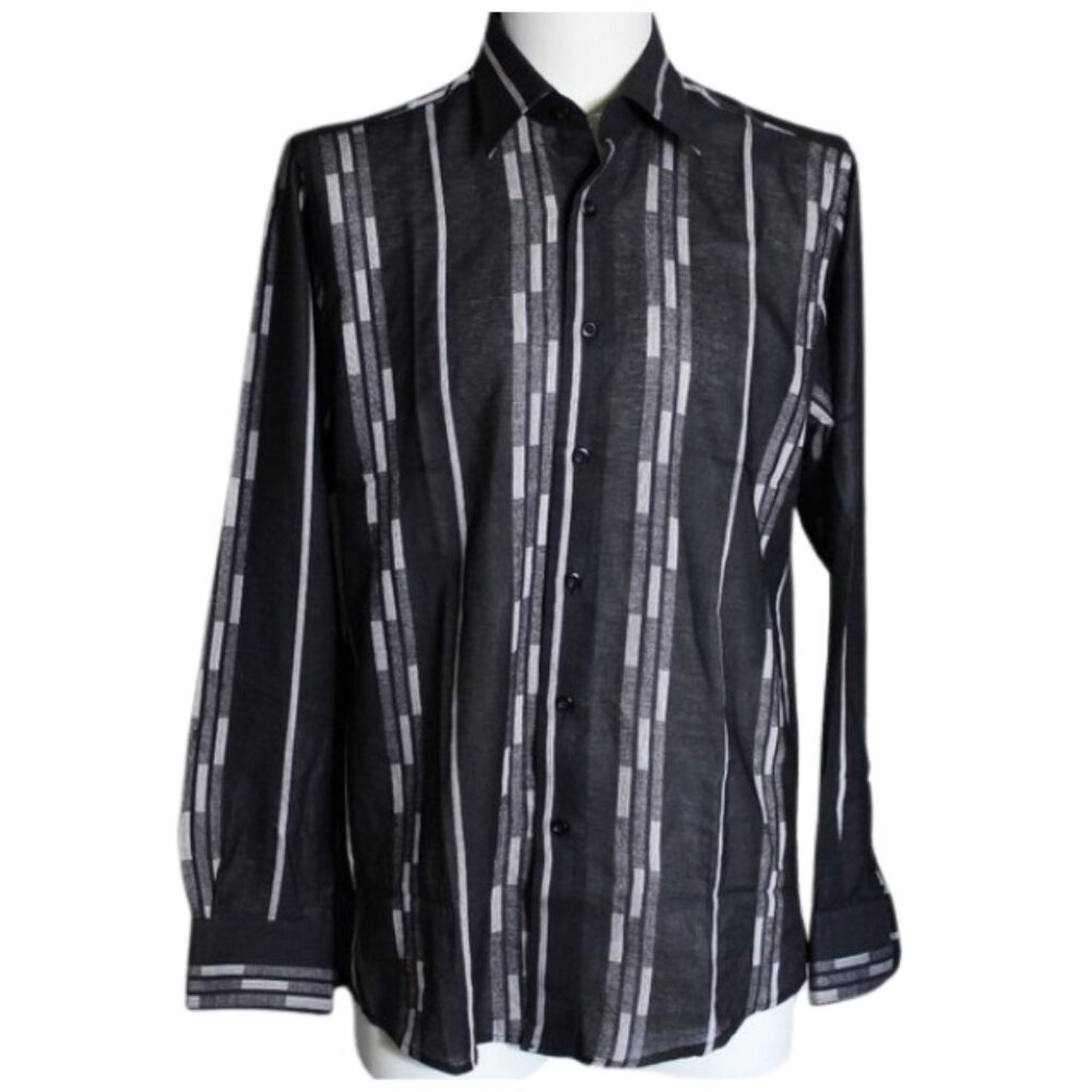ETRE SZ 15.5 100% Linen Men's Long Sleeve Black Striped Button Up Shirt